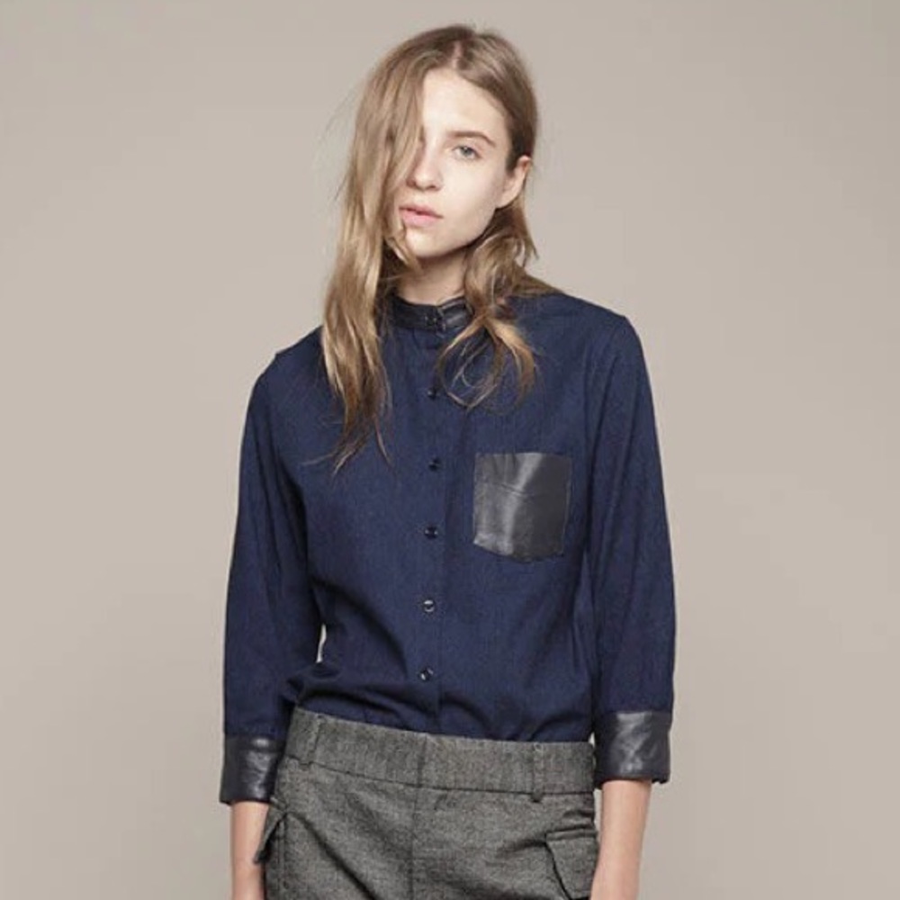 Band of Outsiders: Dark denim button down with leather trim